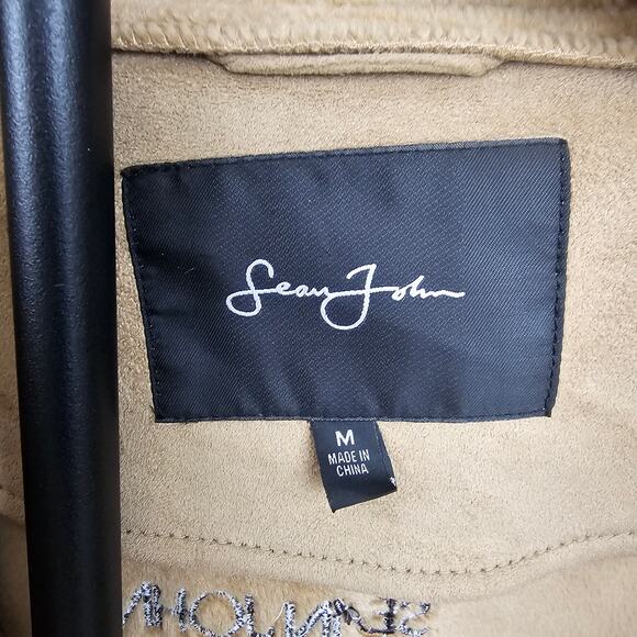 Vintage Sean John Bomber Jacket Men’s M Beige Faux Suede Logo Patch Y2K - Picture 6 of 8